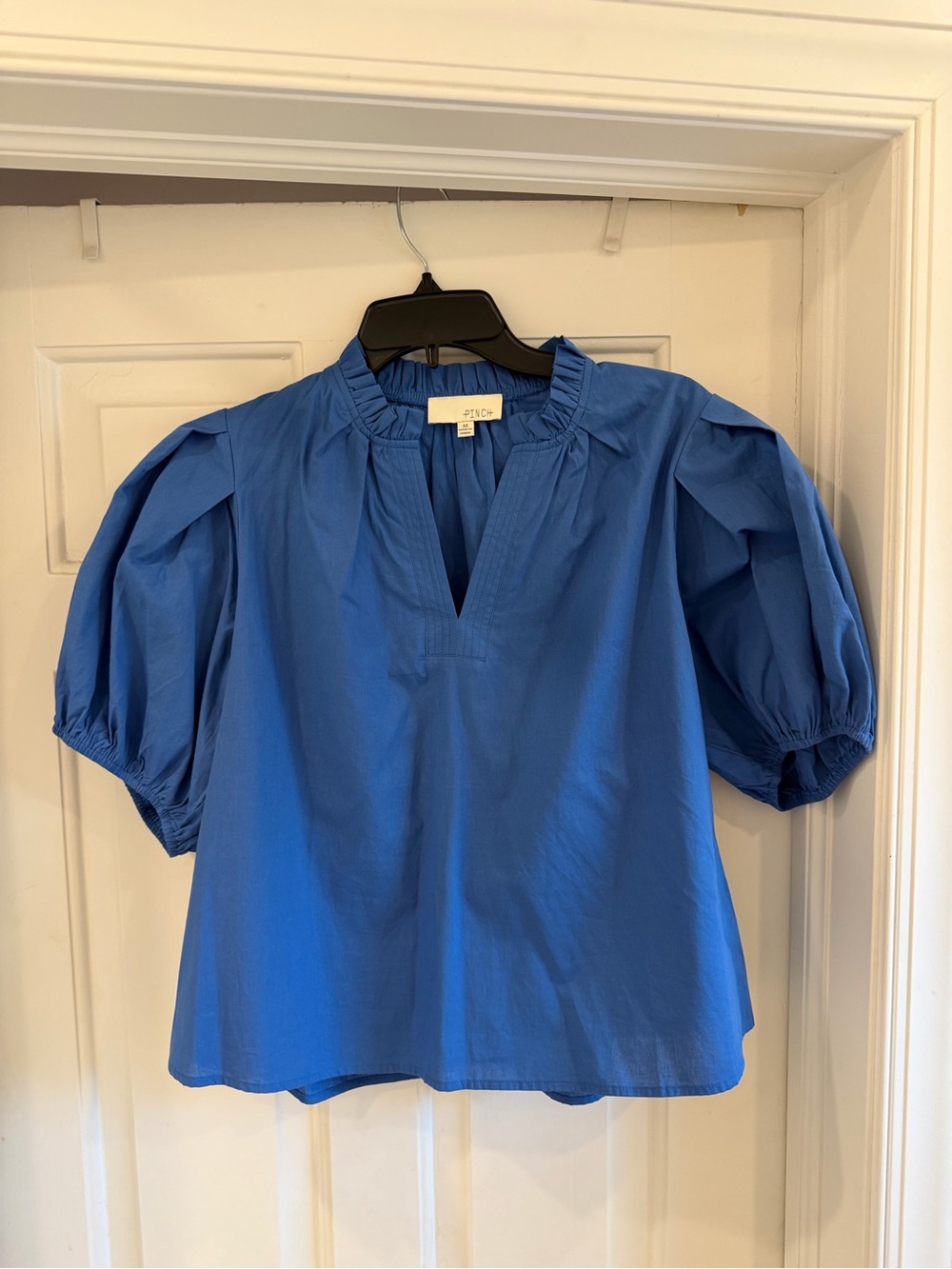 Pinch Royal Blue Puff-Sleeve V-Notch Cotton Blouse medium like new